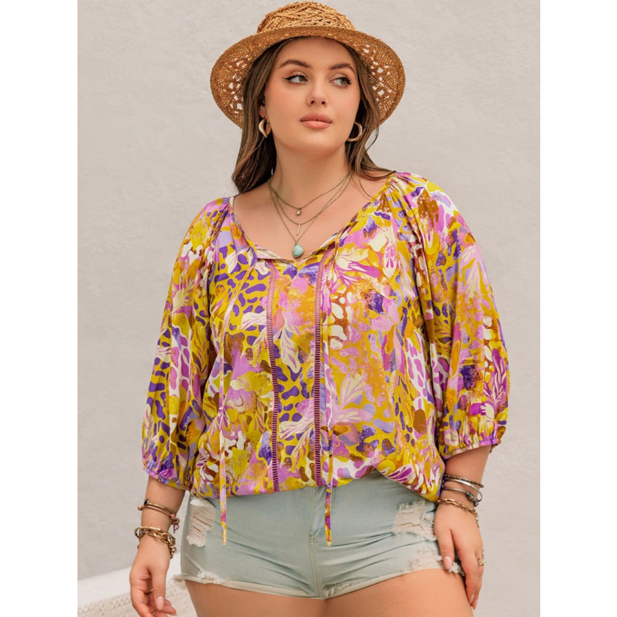 Plus Size Printed Tie Neck Blouse Moonlit Mauve / 0XL Apparel and Accessories