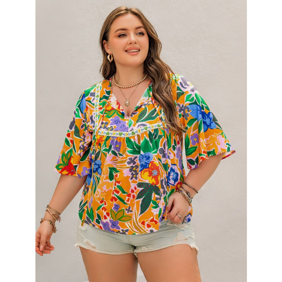 Plus Size Printed Tie Neck Half Sleeve Blouse Apparel and Accessories