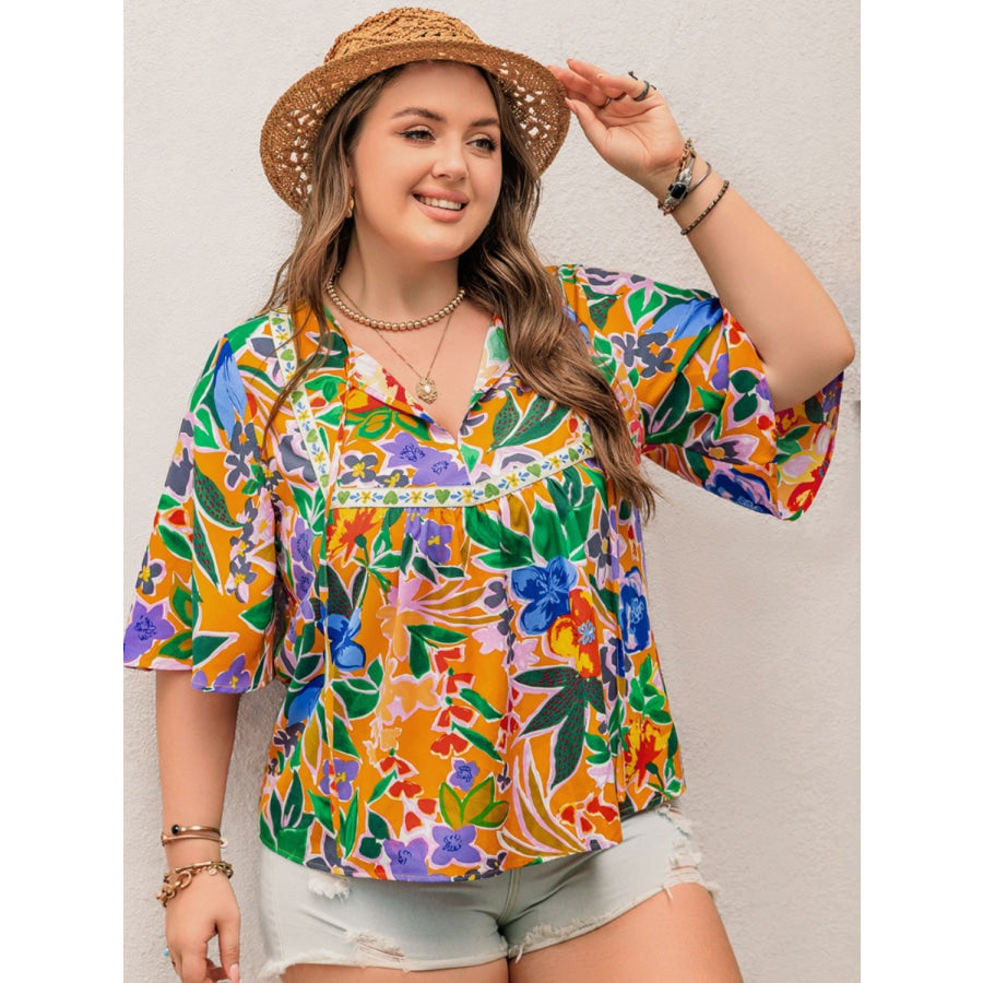 Plus Size Printed Tie Neck Half Sleeve Blouse Apparel and Accessories