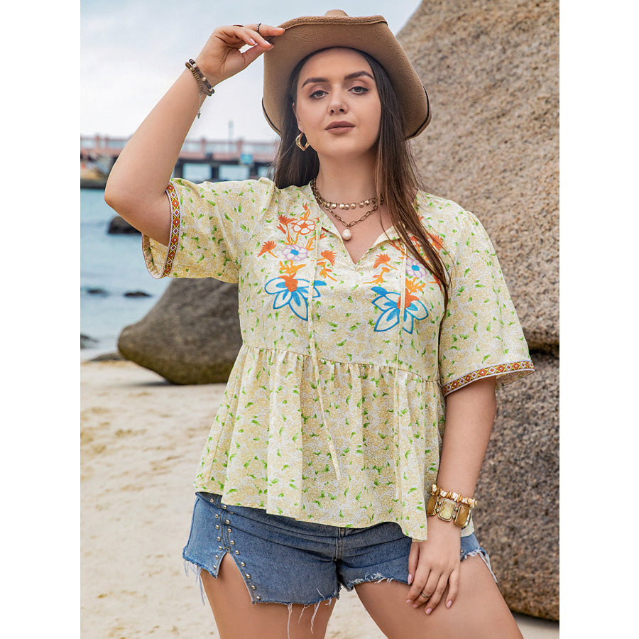 Plus Size Printed Tie Neck Half Sleeve Blouse Apparel and Accessories