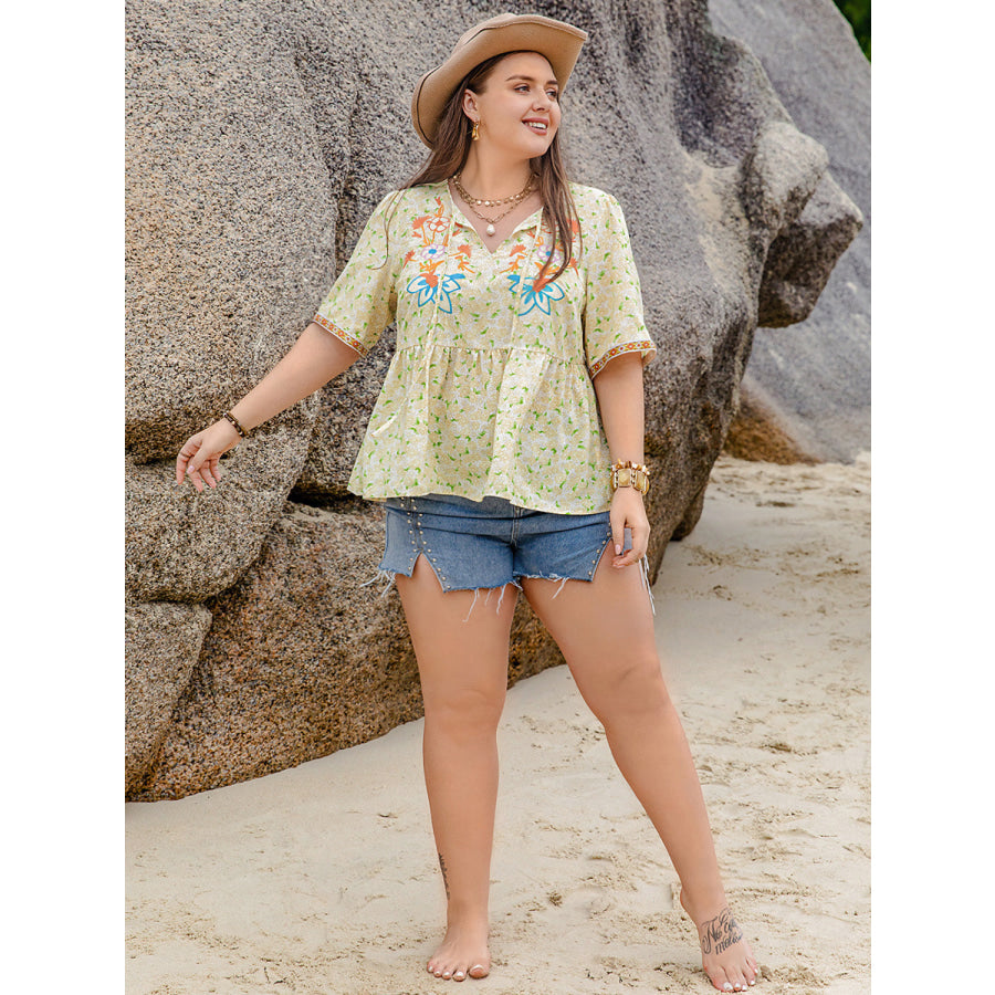 Plus Size Printed Tie Neck Half Sleeve Blouse Apparel and Accessories