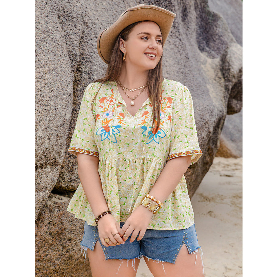 Plus Size Printed Tie Neck Half Sleeve Blouse Apparel and Accessories