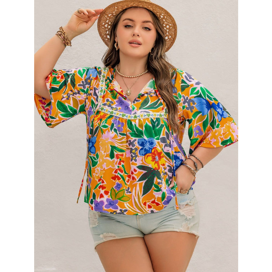 Plus Size Printed Tie Neck Half Sleeve Blouse Apparel and Accessories