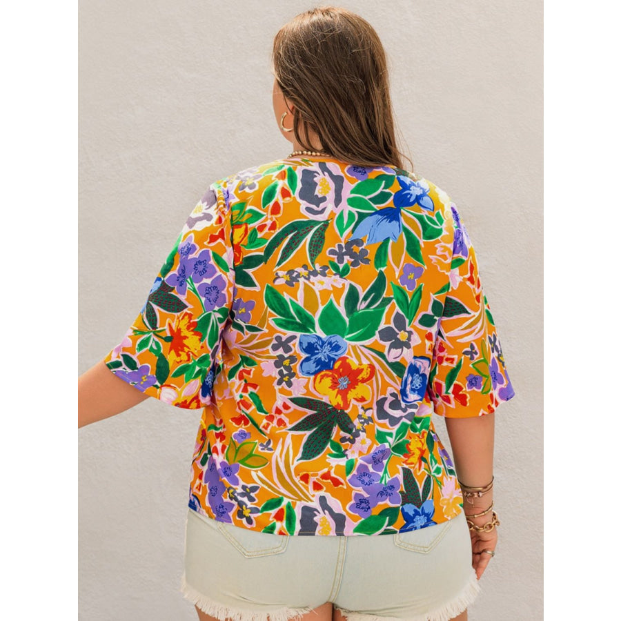 Plus Size Printed Tie Neck Half Sleeve Blouse Apparel and Accessories