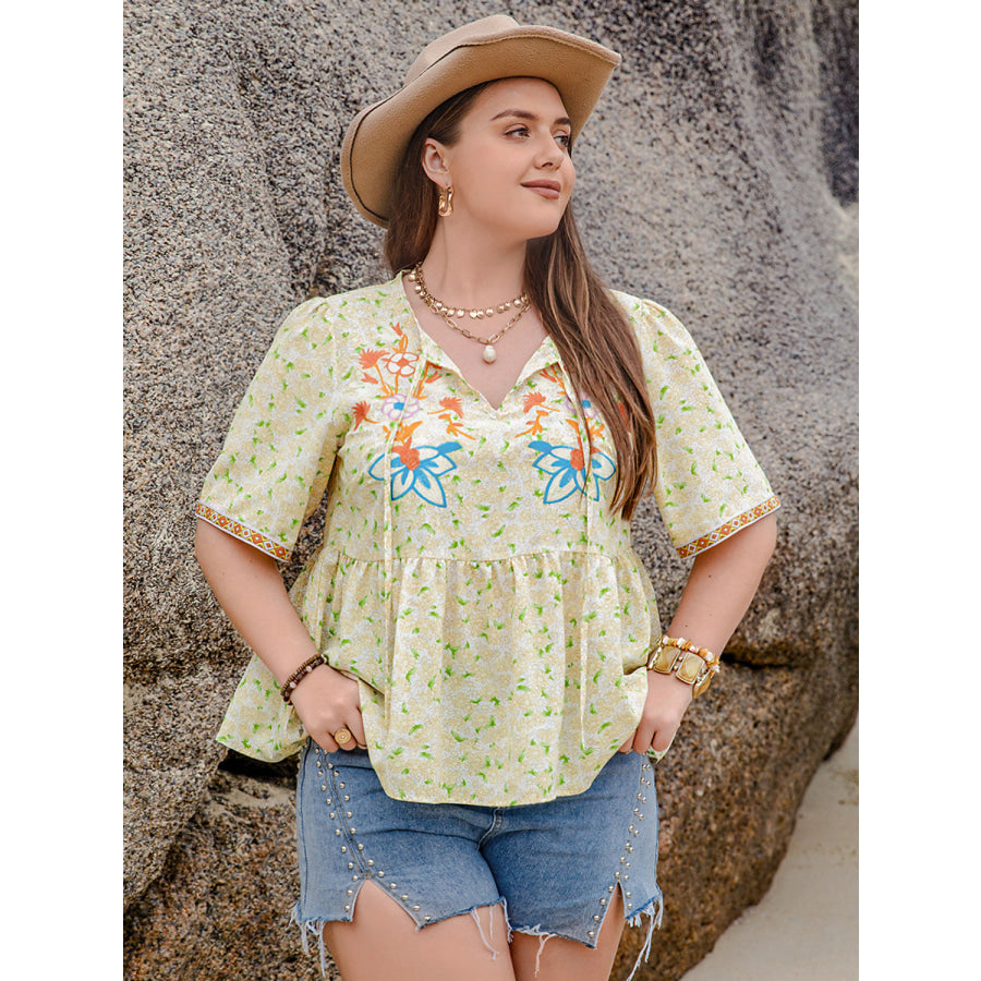 Plus Size Printed Tie Neck Half Sleeve Blouse Yellow Green / 0XL Apparel and Accessories