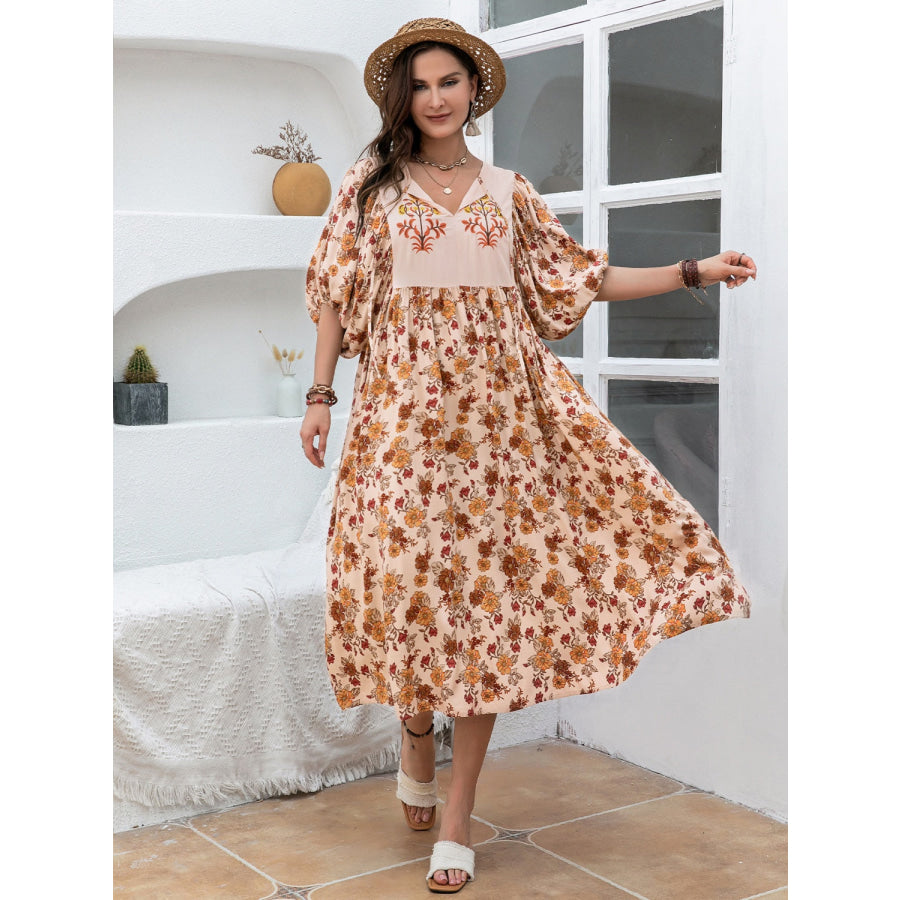 Plus Size Printed Tie Neck Half Sleeve Midi Dress Apparel and Accessories