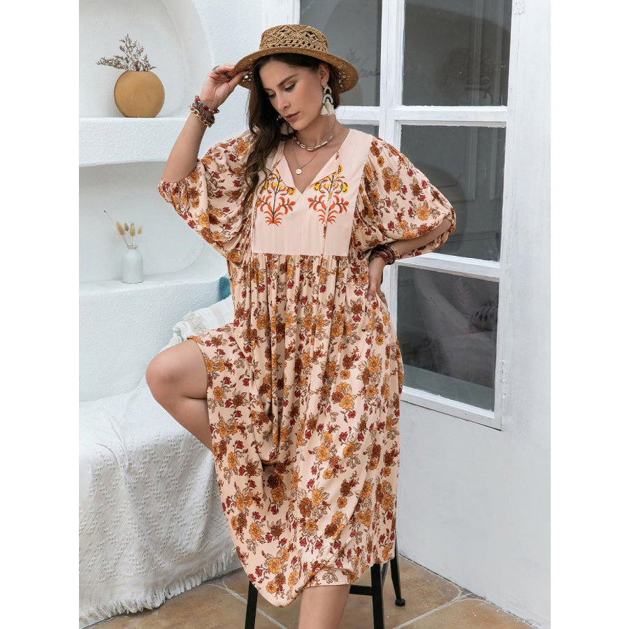 Plus Size Printed Tie Neck Half Sleeve Midi Dress Apparel and Accessories