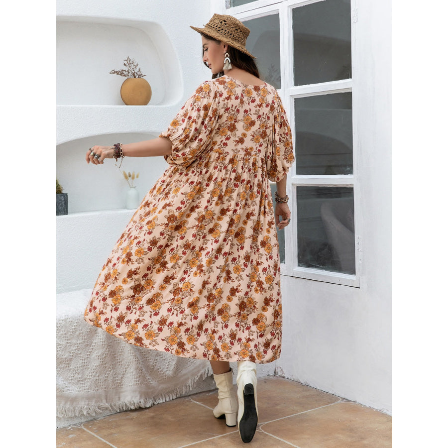 Plus Size Printed Tie Neck Half Sleeve Midi Dress Apparel and Accessories