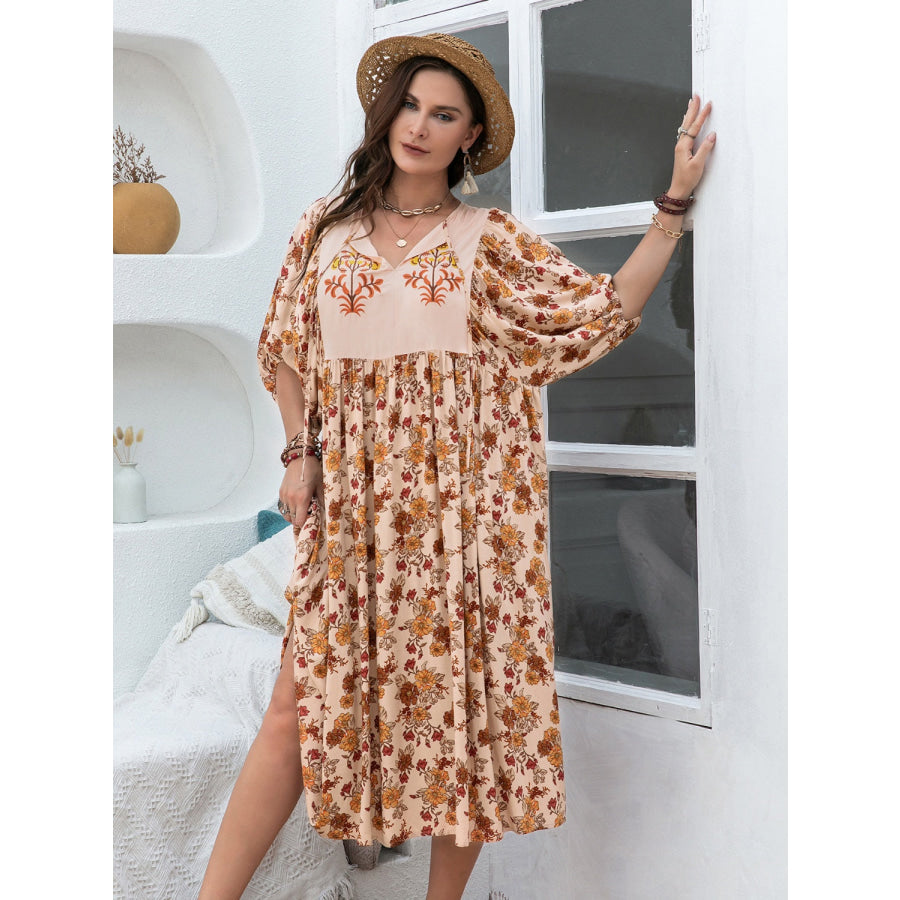 Plus Size Printed Tie Neck Half Sleeve Midi Dress Apparel and Accessories