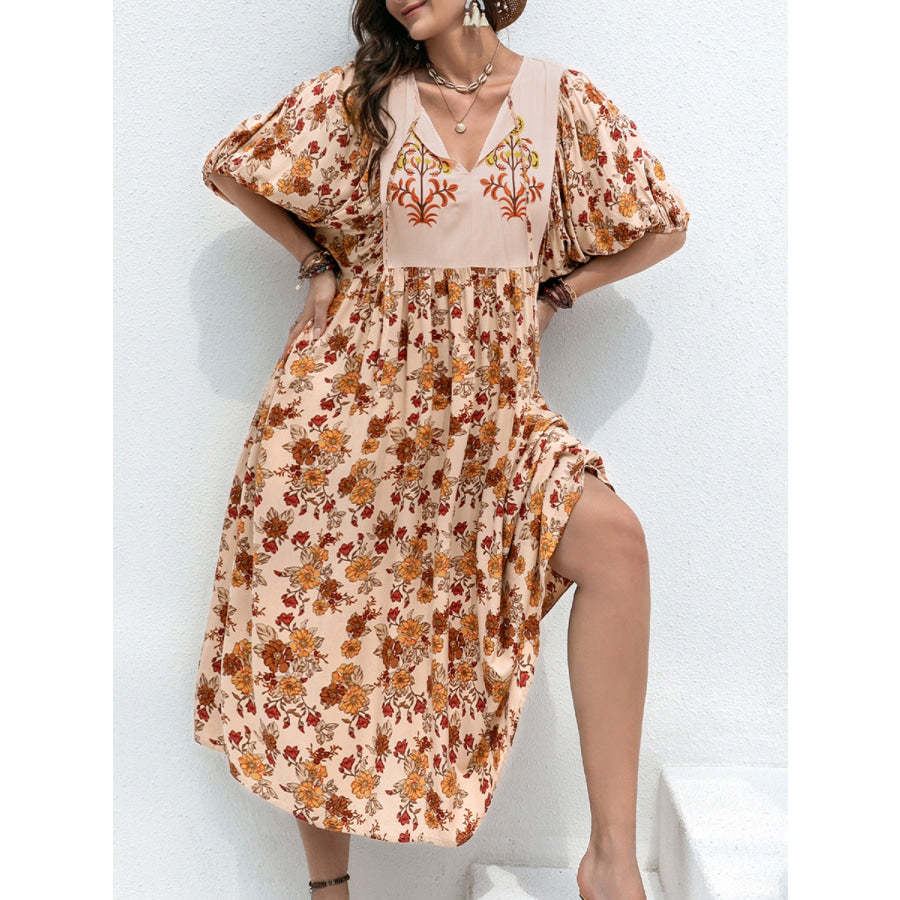 Plus Size Printed Tie Neck Half Sleeve Midi Dress Apparel and Accessories