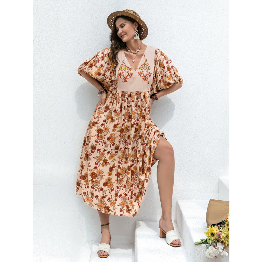 Plus Size Printed Tie Neck Half Sleeve Midi Dress Floral / 0XL Apparel and Accessories