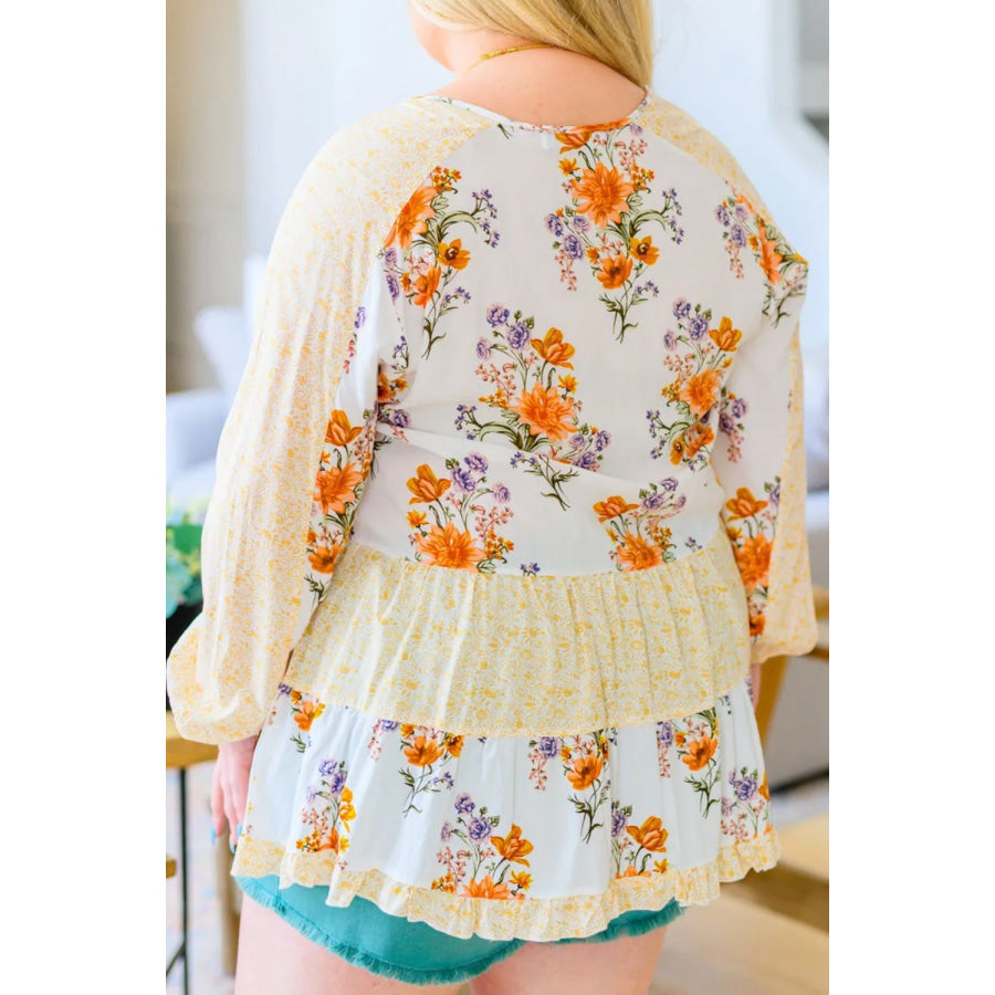 Plus Size Printed Tie Neck Long Sleeve Blouse Pastel Yellow / 1XL Apparel and Accessories