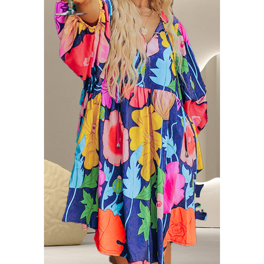 Plus Size Printed Tie Neck Long Sleeve Dress Apparel and Accessories