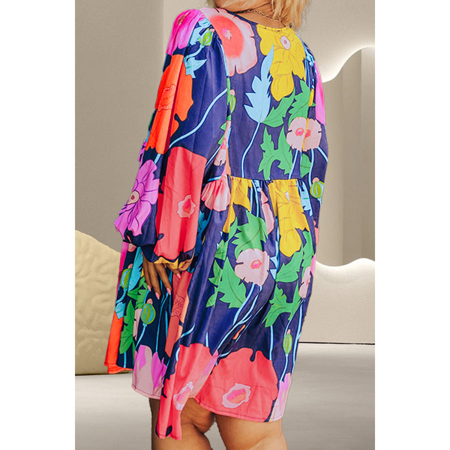 Plus Size Printed Tie Neck Long Sleeve Dress Apparel and Accessories