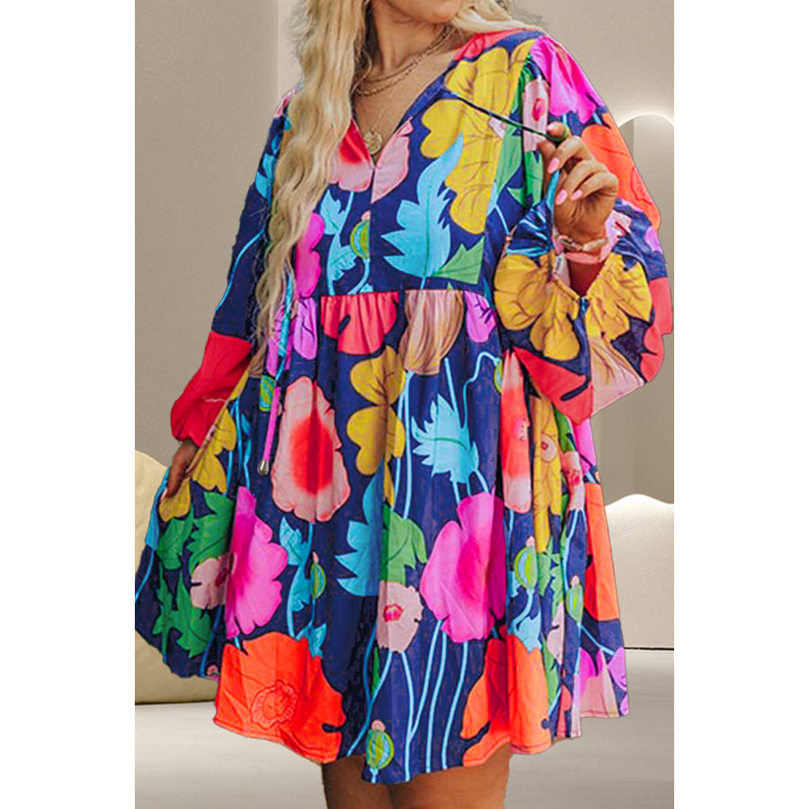 Plus Size Printed Tie Neck Long Sleeve Dress Floral / 1XL Apparel and Accessories