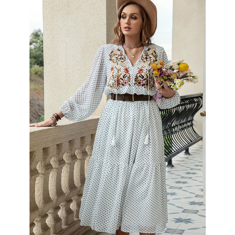 Plus Size Printed Tie Neck Long Sleeve Midi Dress Apparel and Accessories