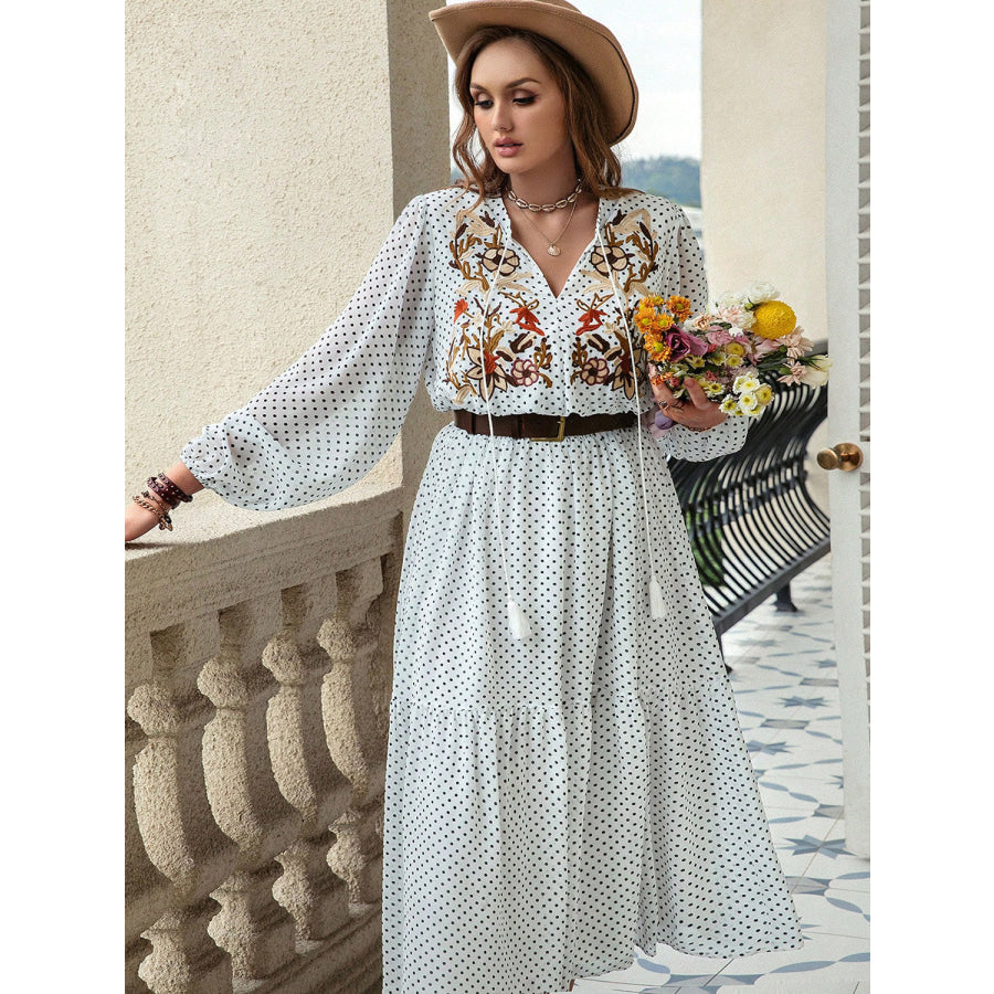 Plus Size Printed Tie Neck Long Sleeve Midi Dress Apparel and Accessories