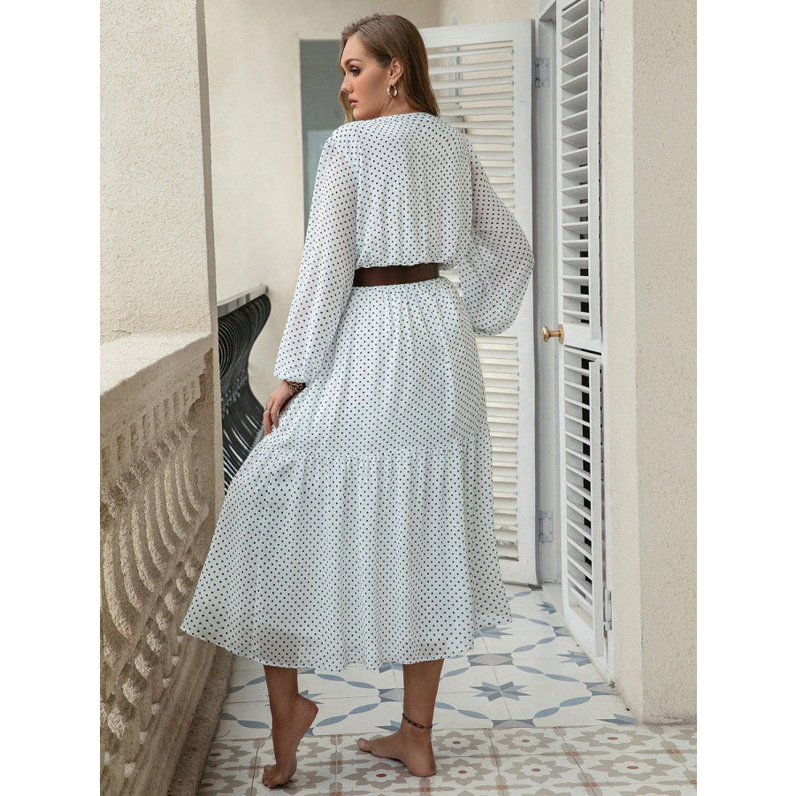 Plus Size Printed Tie Neck Long Sleeve Midi Dress White / 0XL Apparel and Accessories