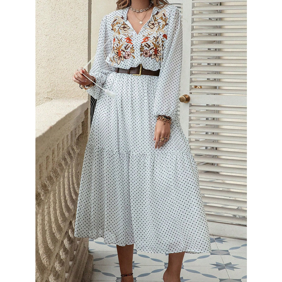 Plus Size Printed Tie Neck Long Sleeve Midi Dress White / 0XL Apparel and Accessories