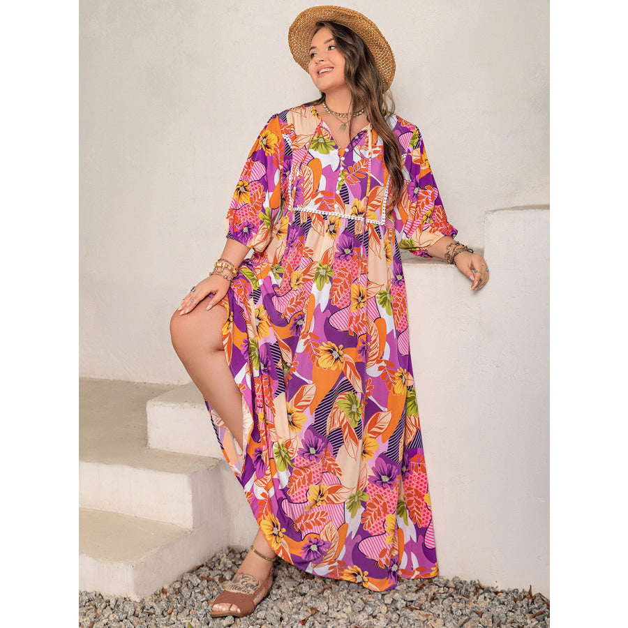 Plus Size Printed Tie Neck Maxi Dress Apparel and Accessories