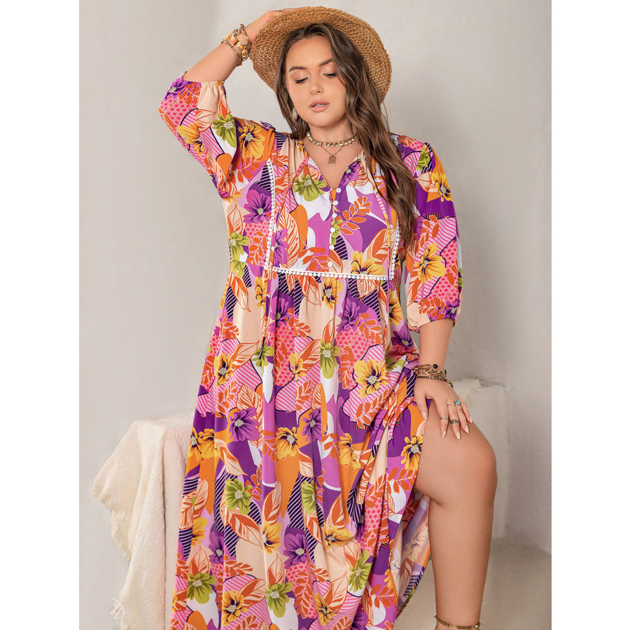 Plus Size Printed Tie Neck Maxi Dress Apparel and Accessories