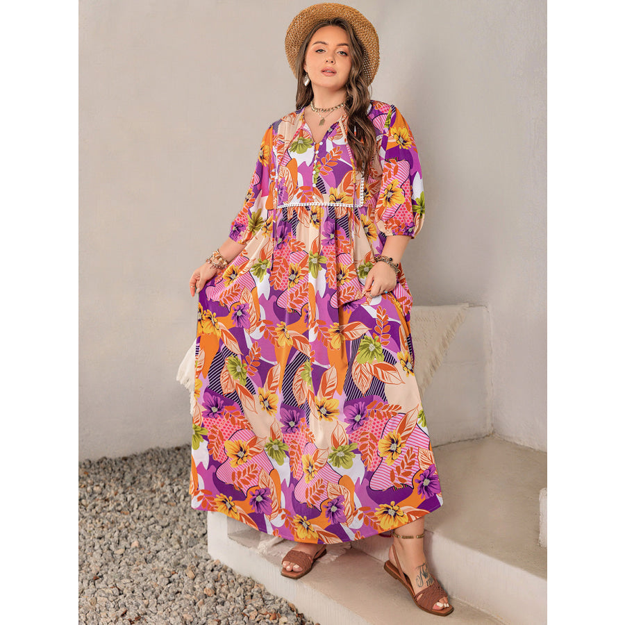 Plus Size Printed Tie Neck Maxi Dress Apparel and Accessories