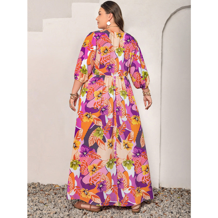 Plus Size Printed Tie Neck Maxi Dress Apparel and Accessories