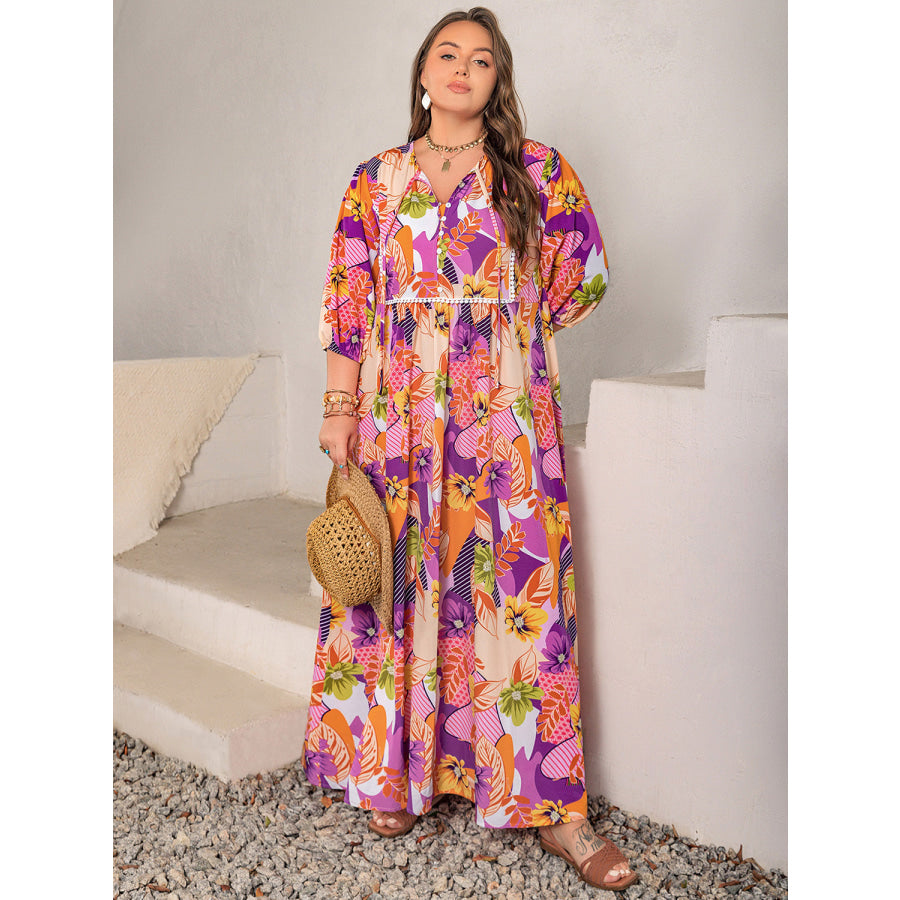 Plus Size Printed Tie Neck Maxi Dress Apparel and Accessories