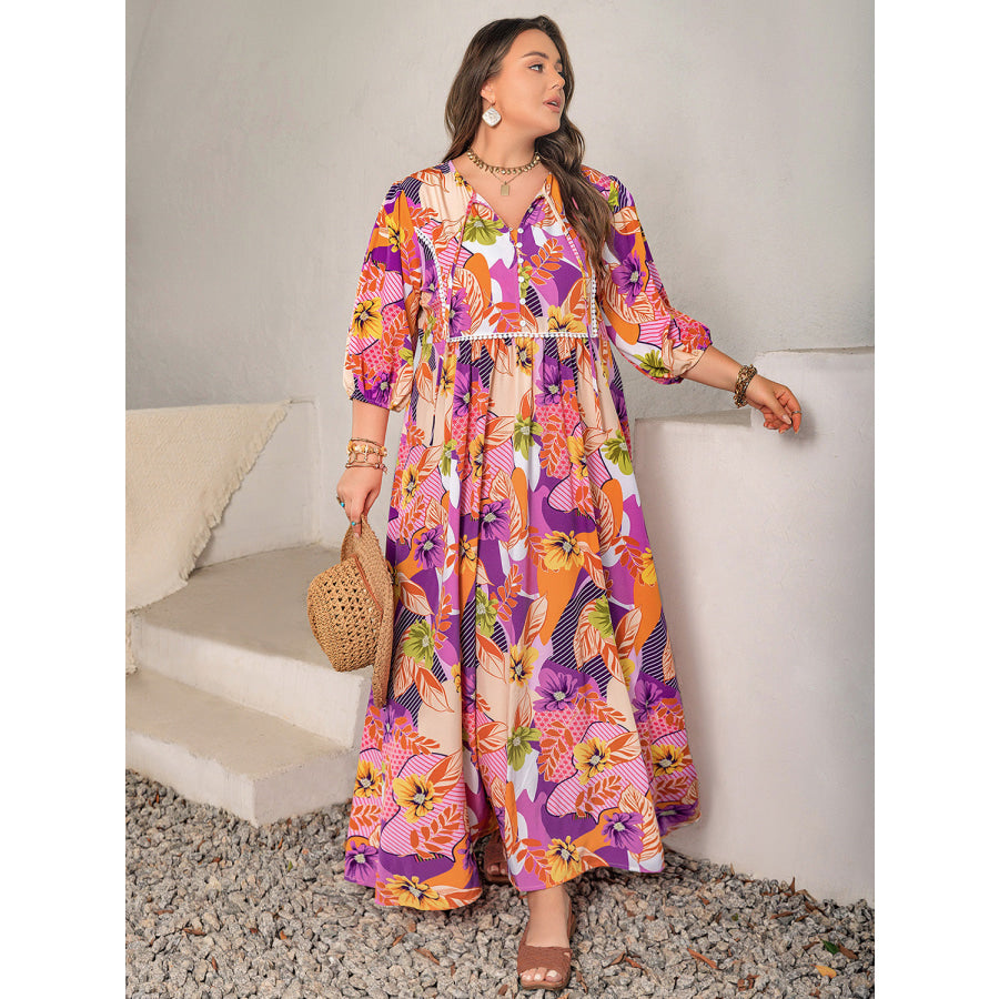 Plus Size Printed Tie Neck Maxi Dress Multicolor / 0XL Apparel and Accessories