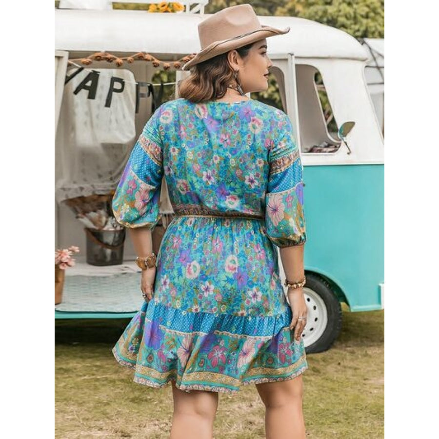 Plus Size Printed Tie Neck Mini Dress Clothing