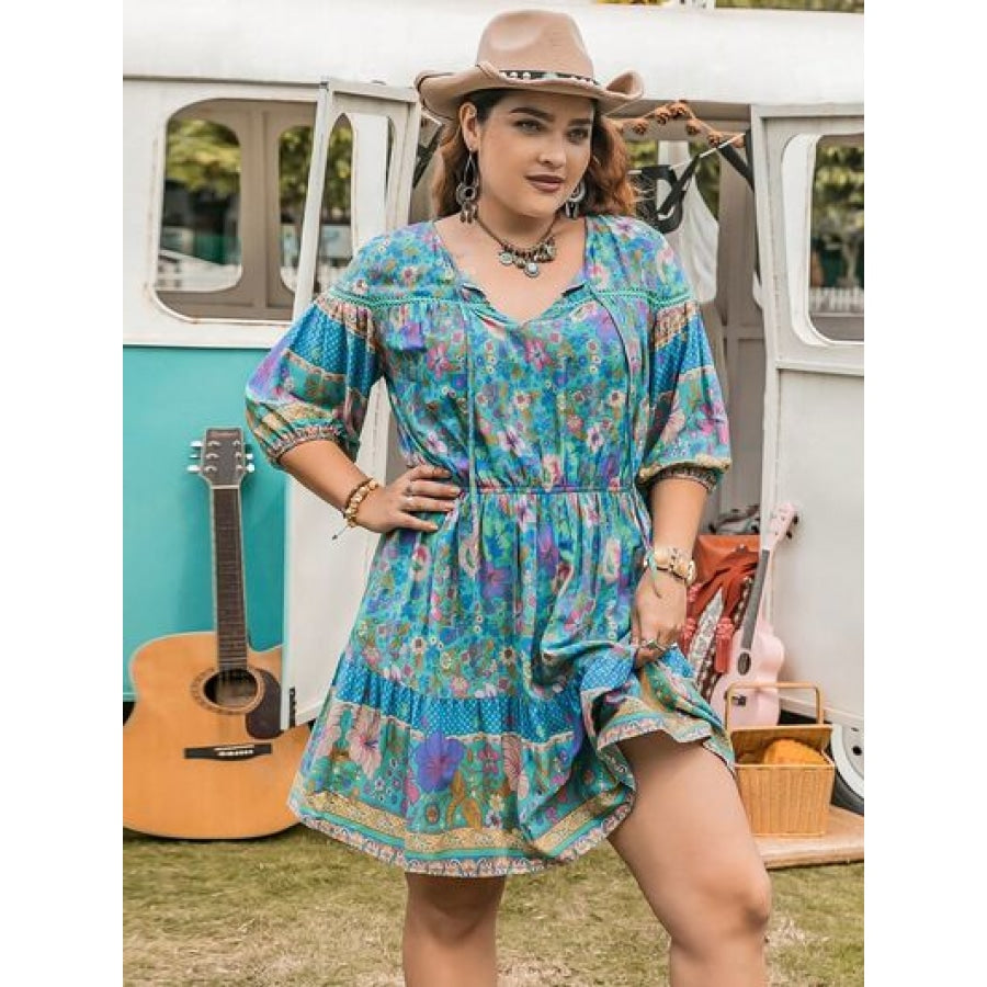 Plus Size Printed Tie Neck Mini Dress Sky Blue / 0XL Clothing