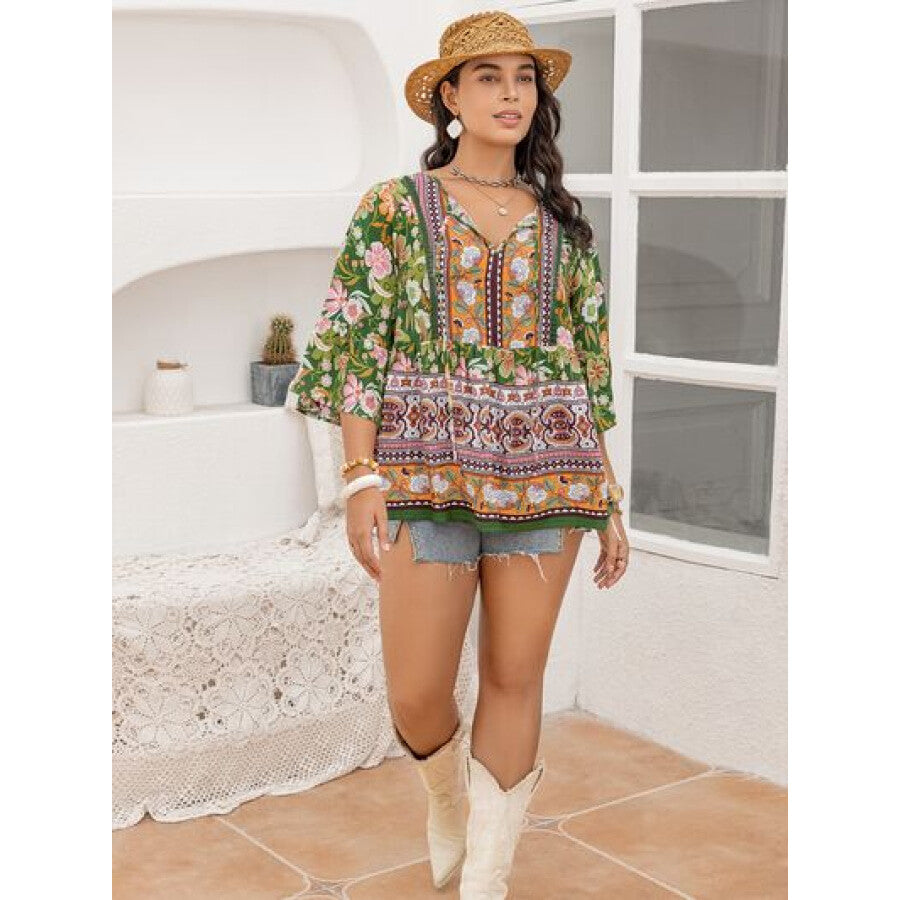 Plus Size Printed Tie Neck Peplum Blouse Apparel and Accessories