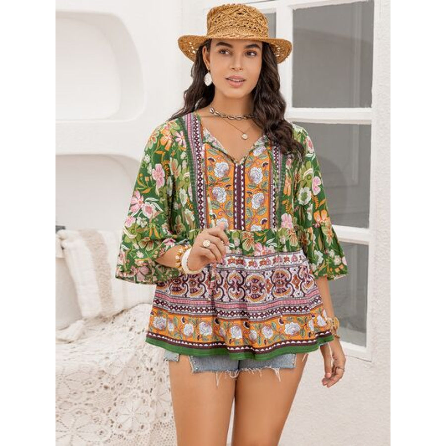 Plus Size Printed Tie Neck Peplum Blouse Multicolor / 0XL Apparel and Accessories