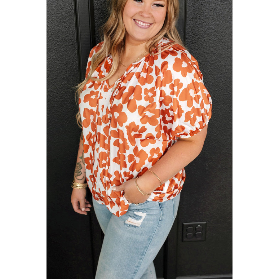 Plus Size Printed Tie Neck Short Sleeve Blouse Apparel and Accessories