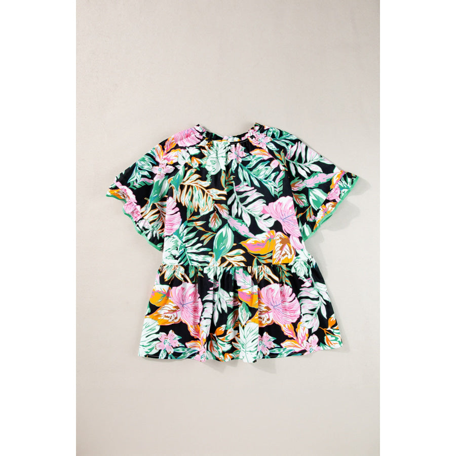 Plus Size Printed Tie Neck Short Sleeve Blouse Floral / 1XL Apparel and Accessories