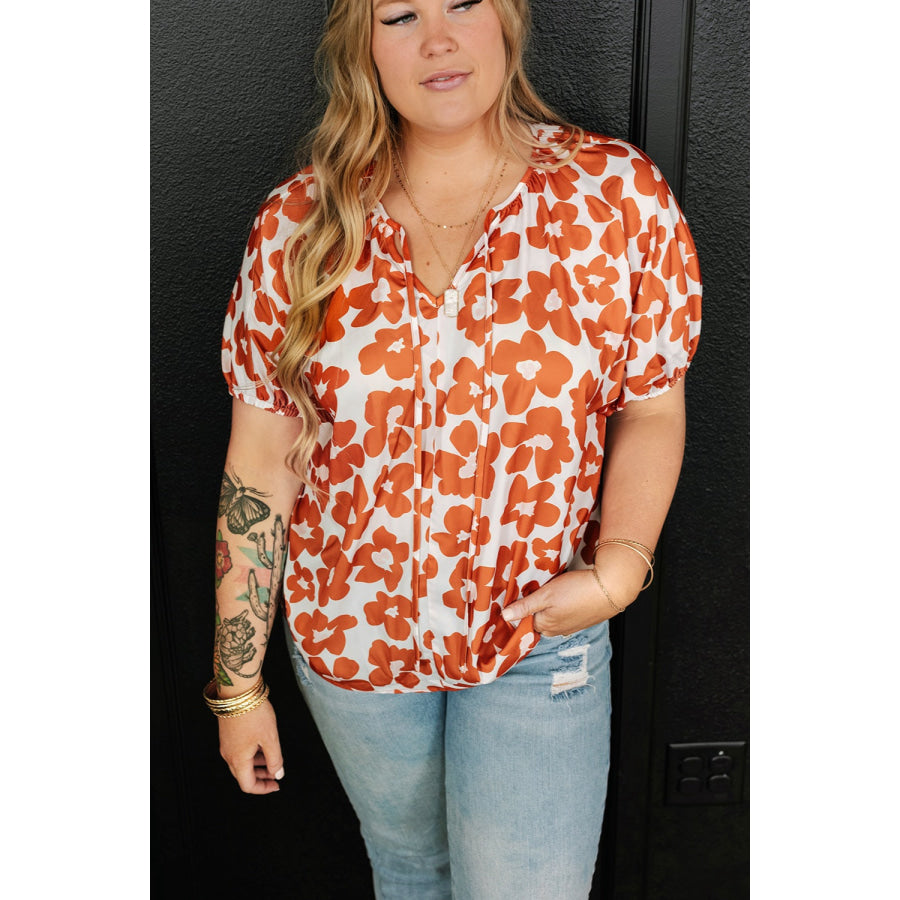 Plus Size Printed Tie Neck Short Sleeve Blouse Apparel and Accessories