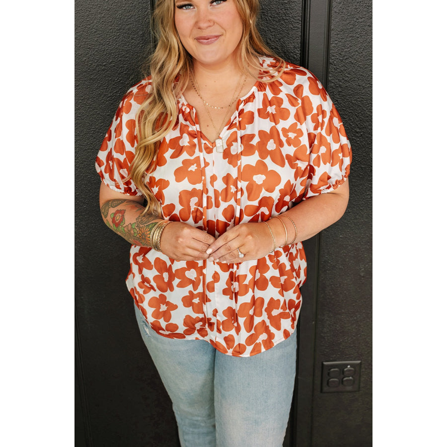 Plus Size Printed Tie Neck Short Sleeve Blouse Apparel and Accessories