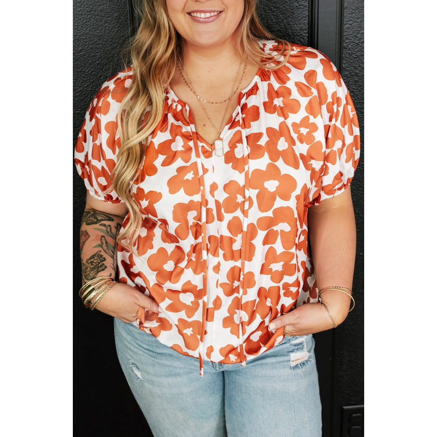 Plus Size Printed Tie Neck Short Sleeve Blouse Pumpkin / 1XL Apparel and Accessories