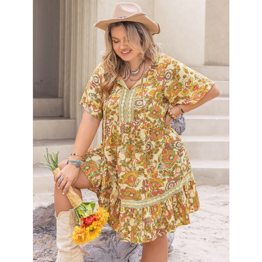 Plus Size Printed Tie Neck Short Sleeve Mini Dress Apparel and Accessories