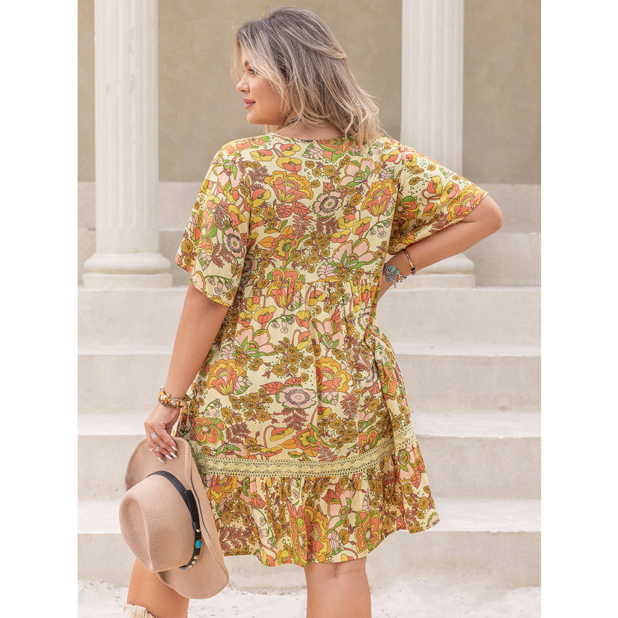 Plus Size Printed Tie Neck Short Sleeve Mini Dress Apparel and Accessories