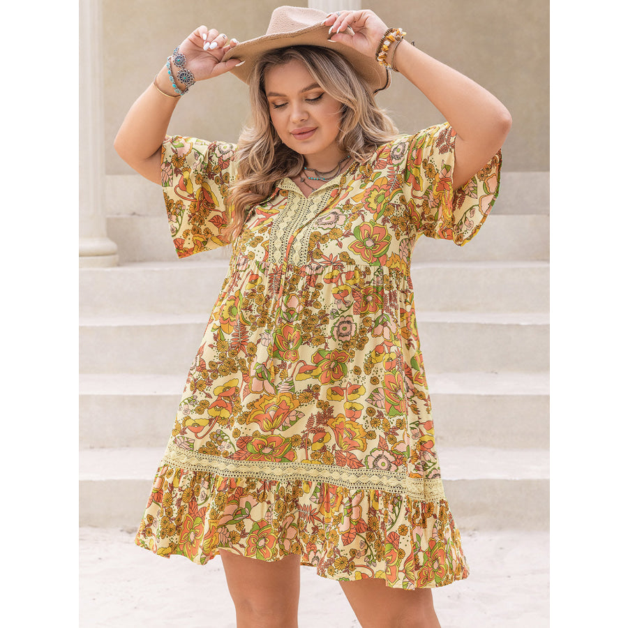 Plus Size Printed Tie Neck Short Sleeve Mini Dress Apparel and Accessories