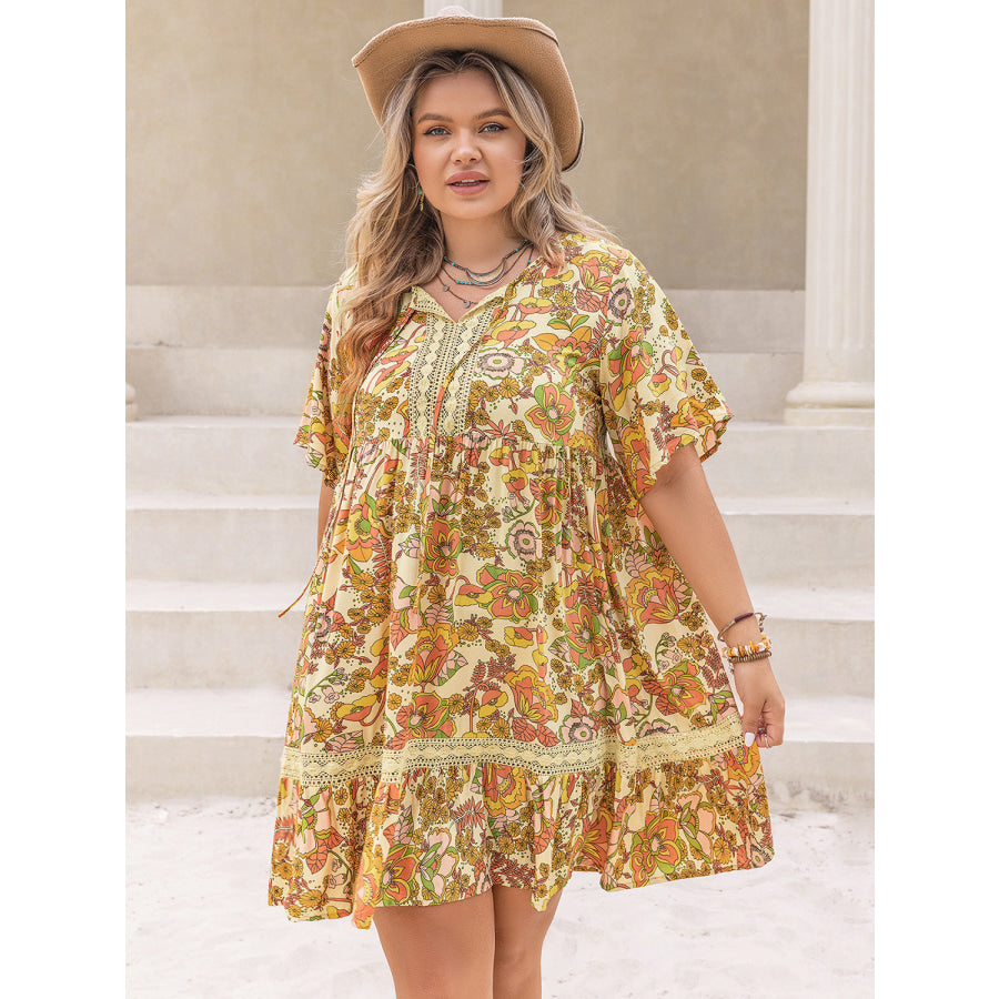 Plus Size Printed Tie Neck Short Sleeve Mini Dress Apricot / 0XL Apparel and Accessories