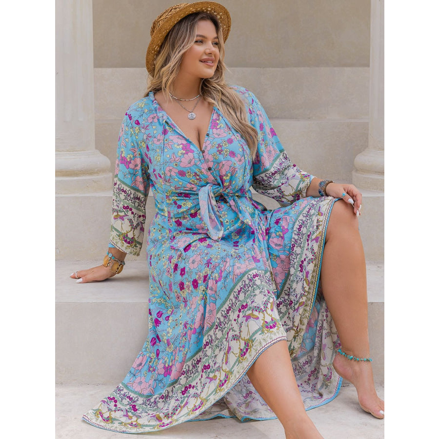 Plus Size Printed Tie Neck Top and Skirt Set Apparel and Accessories