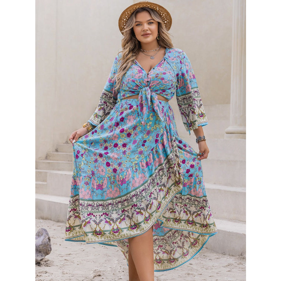 Plus Size Printed Tie Neck Top and Skirt Set Apparel and Accessories