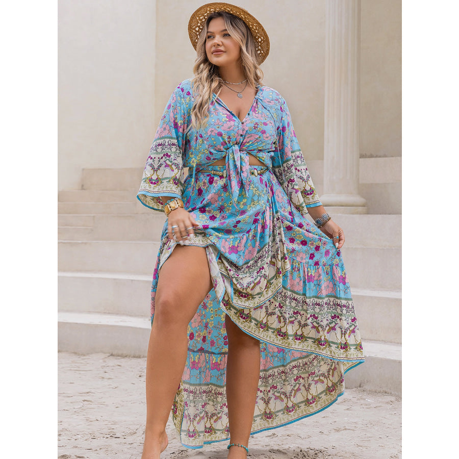 Plus Size Printed Tie Neck Top and Skirt Set Apparel and Accessories