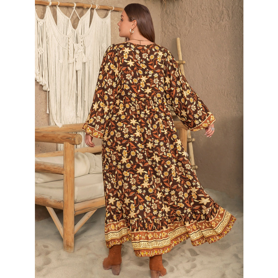 Plus Size Printed V-Neck Balloon Sleeve Dress Multicolor / 0XL Apparel and Accessories