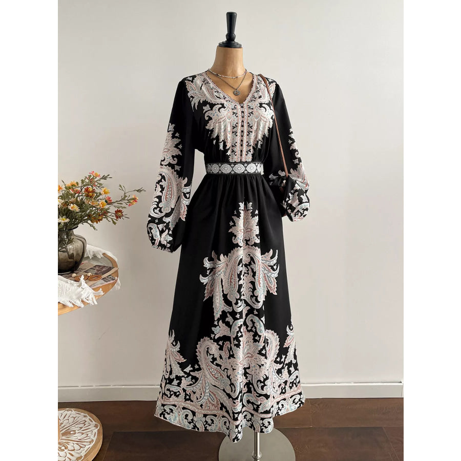 Plus Size Printed V-Neck Balloon Sleeve Dress Apparel and Accessories