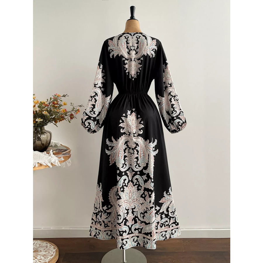 Plus Size Printed V-Neck Balloon Sleeve Dress Apparel and Accessories