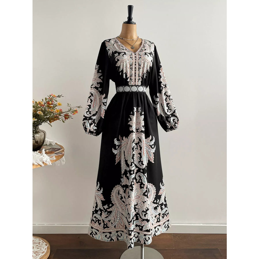 Plus Size Printed V-Neck Balloon Sleeve Dress Apparel and Accessories