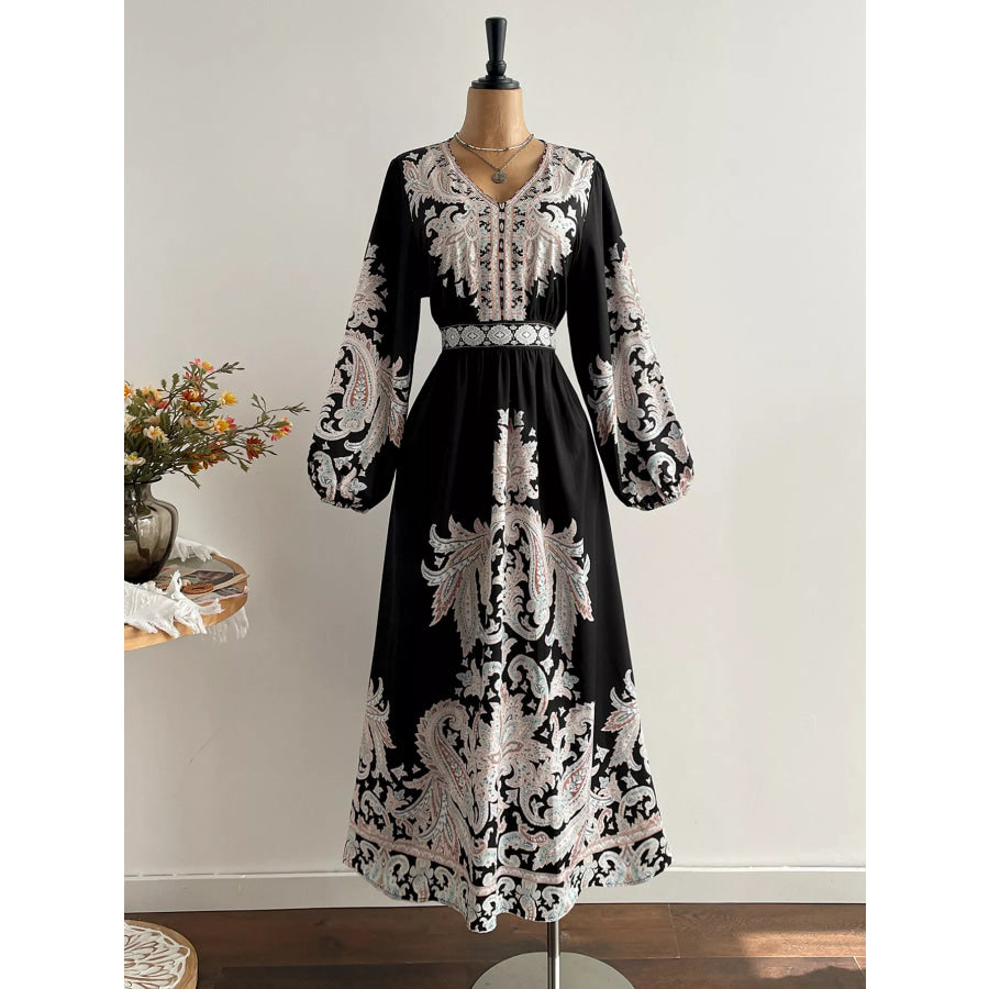 Plus Size Printed V-Neck Balloon Sleeve Dress Apparel and Accessories